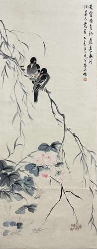 Flowers and Birds, Hanging Scroll, Hu Tinglu (From Japan bac...