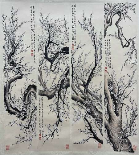 Flowers, Four Pieces of Paper Paintings,  Hanging Scroll, Ta...