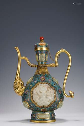 Gilt Color Enameled Ewer Inlaid White Jade with Dragon Patte...