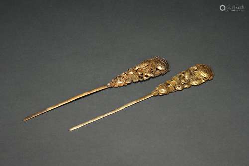 Pair Gilt Copper Hairpins, Early Qing Dynasty