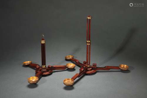 Pair Hardwood Lanterns Inlaid Gilt Copper, Qing Dynasty