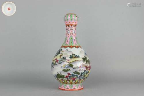 Color Enameled Garlic-shaped Vase with Landscape and Figure ...