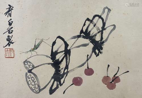 Lotus Root and Insects, Mounting with Frame, Qi Baishi