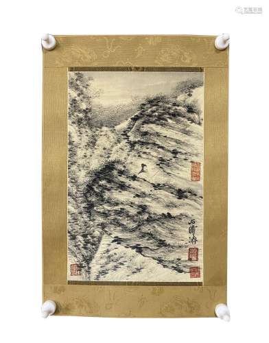 Landscape, Silk Scroll, Mounting with Frame, Shi Tao