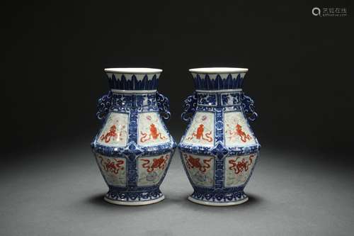 Pair Blue-and-white Vases with Famille Rose Enameled Design ...