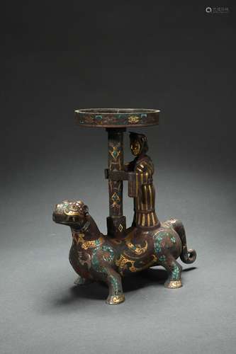 Copper Animal-shaped Lamp Inlaid Turquoise with Gold and Sil...