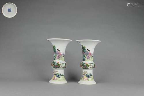 Pair Famille Rose Flower Vases with Figure Patterns, Qianlon...