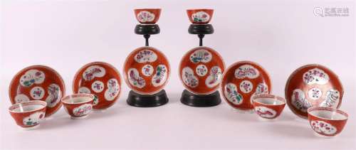 Six porcelain famille rose cups and saucers, China, Qianlong...