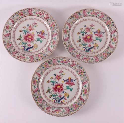 A series of three porcelain famille rose plates, France, Sam...