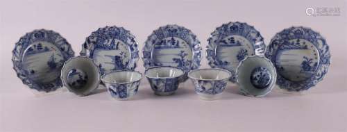 A set of five blue/white porcelain cups and saucers, China, ...