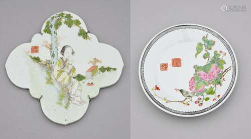 A famille-rose rhombus 'lady' plaque and a 'bird and flower'...