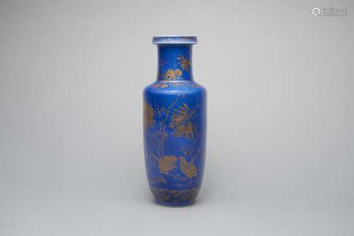 A blue-ground and gold painted 'pheasant and peony' vase