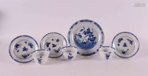 Three blue/white porcelain cups and saucers, China, Kangxi, ...