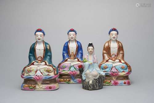 A group of famille-rose figures of Trikaya Buddha and Guanyi...