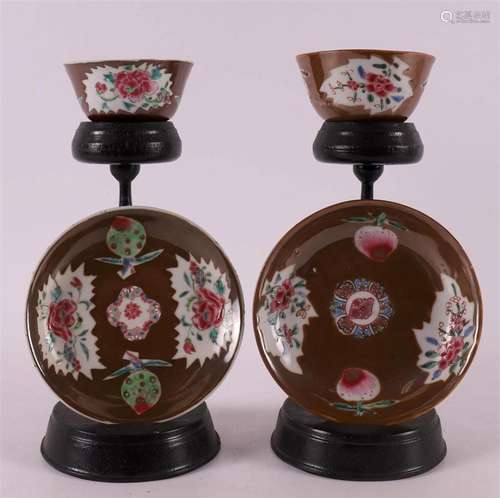 Two china Qianlong capucine porcelain famille rose cups and ...