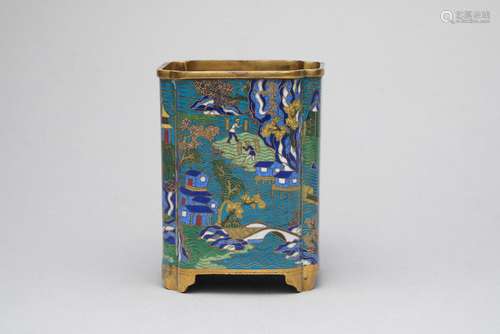 A square 'river landscape' cloisonne brushpot