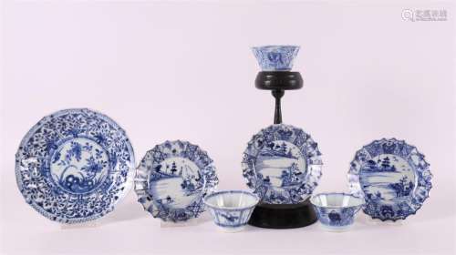 Three blue/white contoured porcelain cups and saucers + crea...