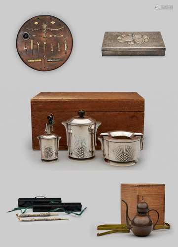 A group of eight Japanese mixed metal objects