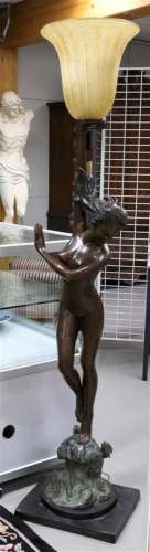 A brown patinated bronze female nude as a standing table lam...