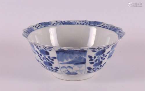 A blue/white porcelain contoured bowl on a base ring, China,...