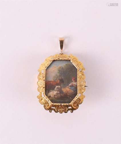 A gold medallion brooch with watercolor of a peasant woman w...