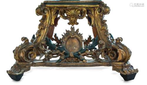 A Venetian Painted and Parcel Gilt Carved Wood Table Base He...