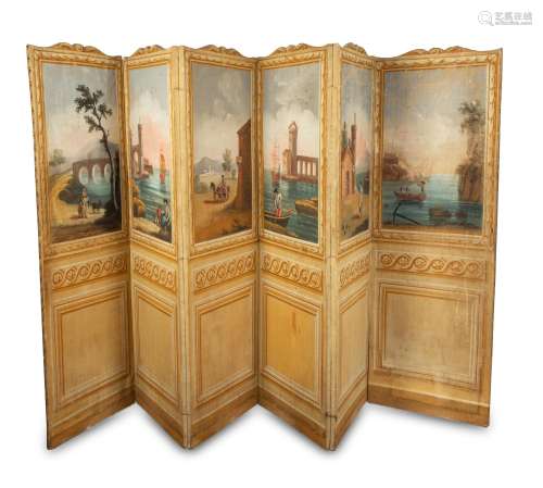 An Italian Six-Panel Painted Canvas Floor Screen Each panel ...