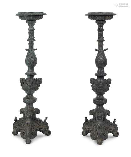 A Pair of Large Patinated Bronze Prickets Height 46 x diamet...