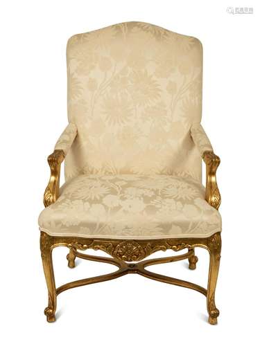 A Regence Style Giltwood Fauteuil Height 45 x width 28 x dep...