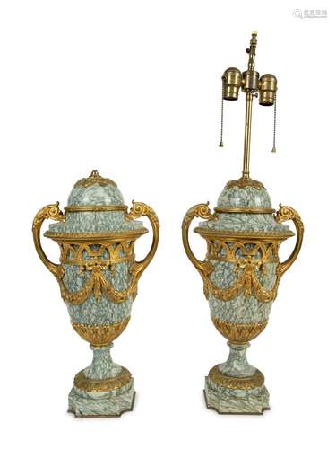 A Pair of Louis XV Style Bronze Mounted Marble  Urn-Form Lam...