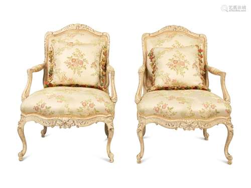 A Pair of Louis XV Style Carved and Painted Fauteuils Height...