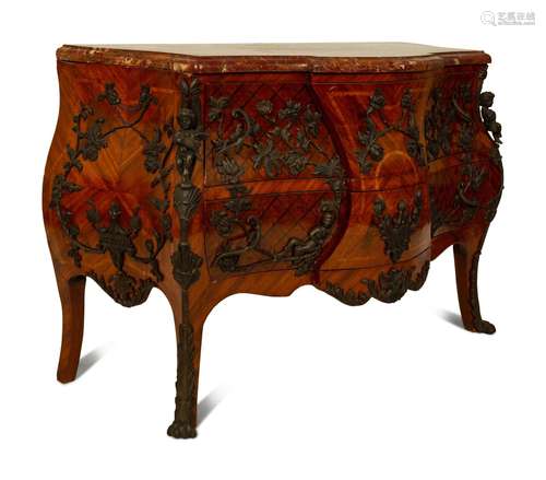 A Louis XV Style Parquetry Bombe Commode with Bronze Mounts ...