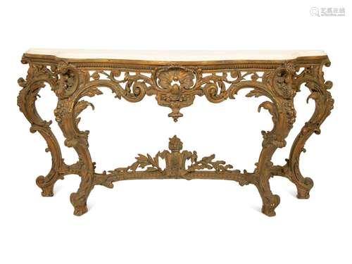 A Louis XV Carved Gilt Wood Serpentine Marble Top Console Ta...