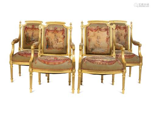 A Set of Four Louis XVI Style Giltwood Fauteuils with Tapest...