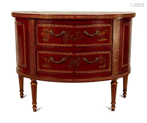 A Louis XVI Style Red and Gilt Lacquer Demi-lune Commode Hei...