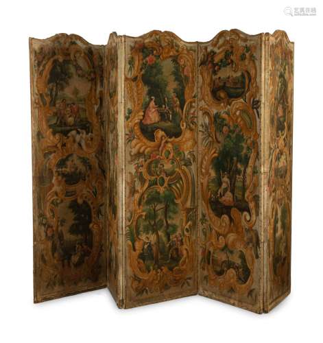 A French Five-Panel Hand Painted Canvas Floor Screen Each pa...
