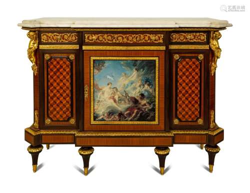 A Louis XVI Style Gilt Bronze and Porcelain Mounted Marble-T...