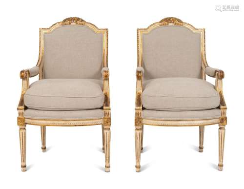 A Pair of Louis XVI Style Painted and Parcel Gilt Fauteuils ...
