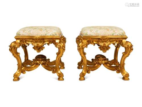A Pair of Louis XVI Style Gilt Gessoed Taborets Height 24 x ...
