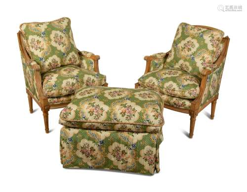 A Pair of  Louis XVI Style Upholstered Chairs with Ottoman H...