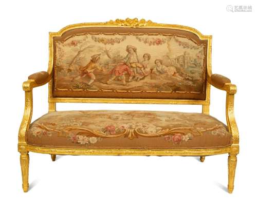 A Louis XVI Style Giltwood Settee with Tapestry Upholstery H...