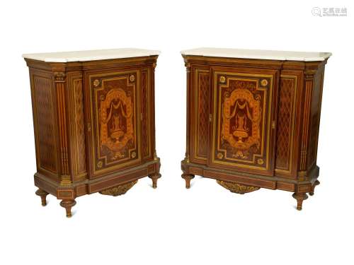 A Near Pair of Napoleon III Marquetry Tulipwood Marble Top S...