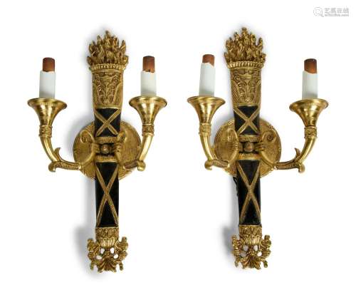 A Set of Four Empire Style Two-Light Brass and Ebonized Scon...