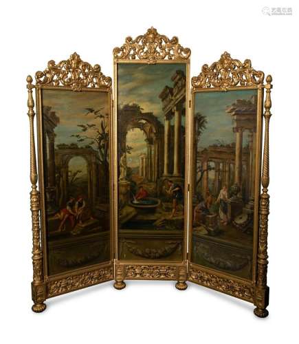 A Continental Three-Panel Painted Canvas Floor Screen  Heigh...