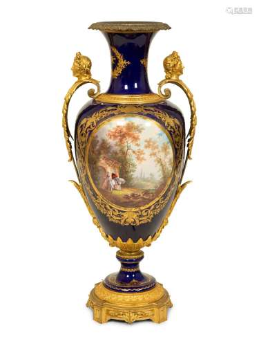 A Sevres Style  Gilt Bronze Mounted Porcelain Covered Urn  H...