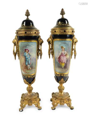 A Pair of Gilt Bronze Mounted Sevres Style Porcelain Covered...