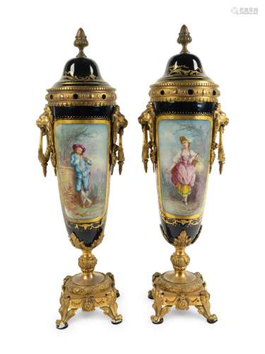 A Pair of Gilt Bronze Mounted Sevres Style Porcelain Covered...