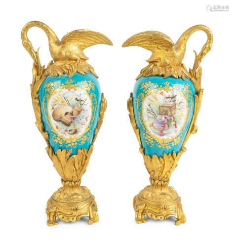 A Pair of Gilt Bronze Mounted Sevres Style Porcelain Ewers H...