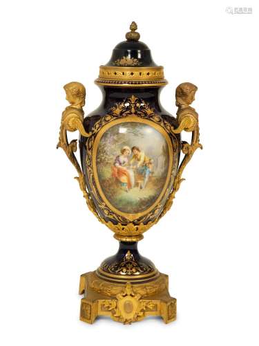 A Sevres Style Porcelain Gilt Bronze Mounted Covered Urn Hei...