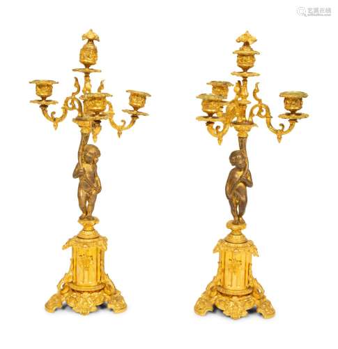 A Pair of Louis XV Style Gilt Bronze  Candlesticks Height 18...